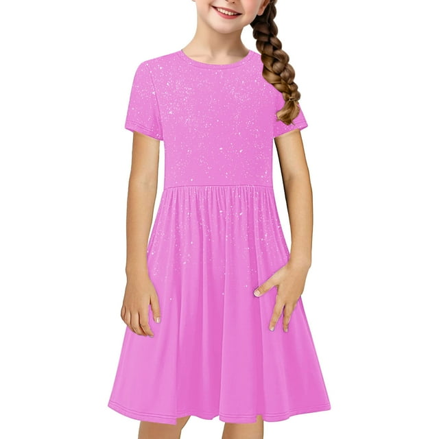 Tauxra Robe à Manches Courtes pour Filles, Robe Décontractée Extensible de Couleur Unie pour Tout-Petits de 4 à 14 Ans, École, Fête, Usage Quotidien, Doux 95 Polyester 5 Spandex