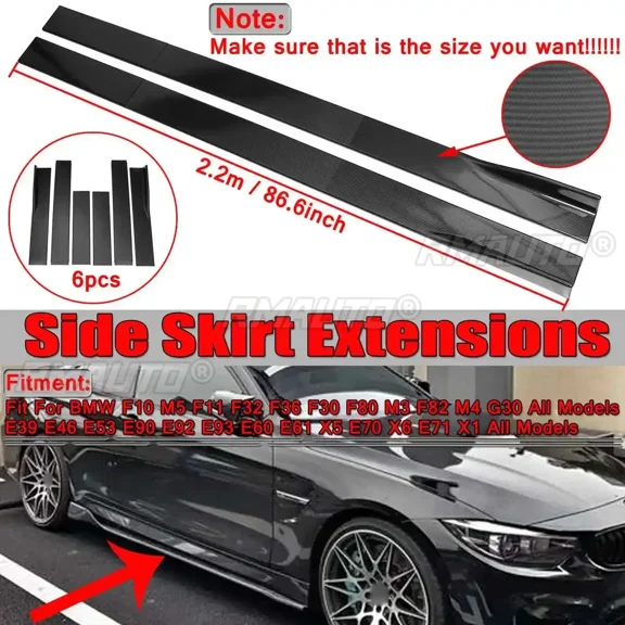 2.2m Carbon Fiber Look Universal Car Side Skirt Winglet Rocker Splitters For BMW F30 F80 F82 M4 F32 F36 E90 E92 F10 Body Kit