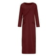 thumbnail image 5 of Olyvenn Womens Plus Size Maxi Long Sweatshirt Dress Fashion Winter Slip Stylish Solid House Dress Crew Neck Blouse Slim Fit Slit Hem Casual Smocked Raglan Skinny Long Sleeve Prom Dress Wine 6, 5 of 6