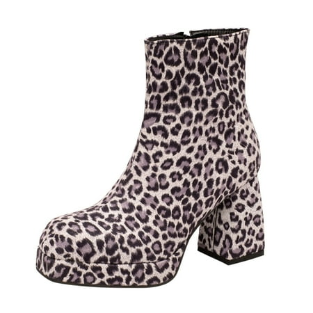 

kpoplk Ankle Boots for Women Autumn Fashion Women s Shoes Thick Sole Leopard Square Head High Heel Thick Heel Side Zipper (White 6.5)