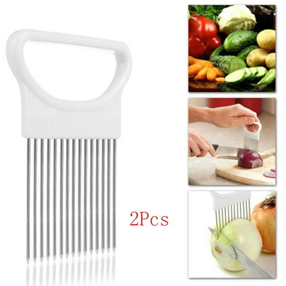 Dianli 2 Pack Stainless Steel Food Slicing Rack, Vegetable and Meat Holder, Onion Cutting Guide with Protective Cover, 10 Prongs, Non-Slip Handle, Safe Kitchen Tool for Uniform Slices, Multi-Use