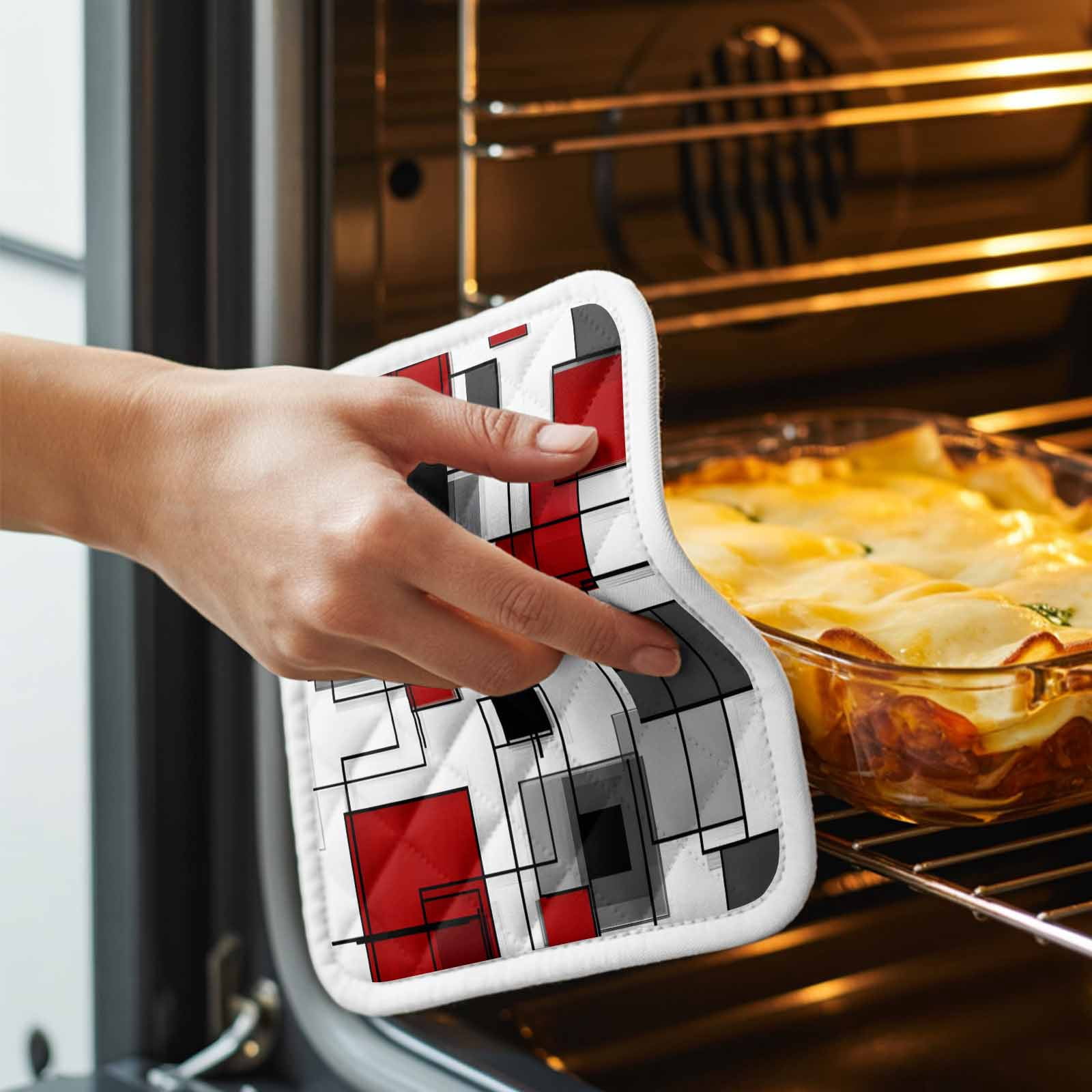 Red Grey Geometric Pot Holders for Kitchen Heatproof Potholder, 3 Pack Irregular Abstract Art Modern Hot Pads Multipurpose Oven Pads Cloth Potholders Trivet for Cooking Baking