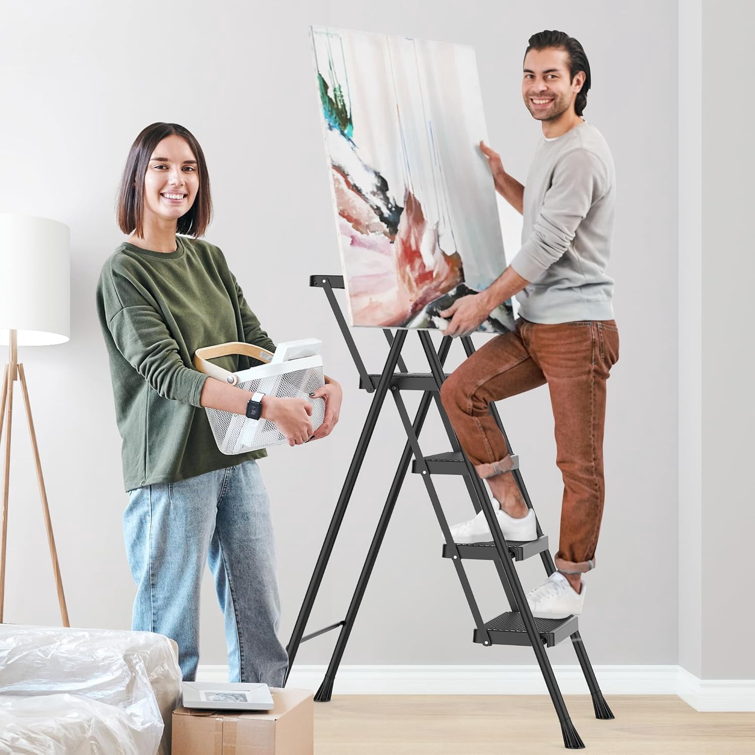 LevLad 4 Step Ladder with Tool Tray, Folding Step Stool, Wide Anti-Slip Pedal and Anti-Slip Feet, Steel Ladder for Home Improvement, Black