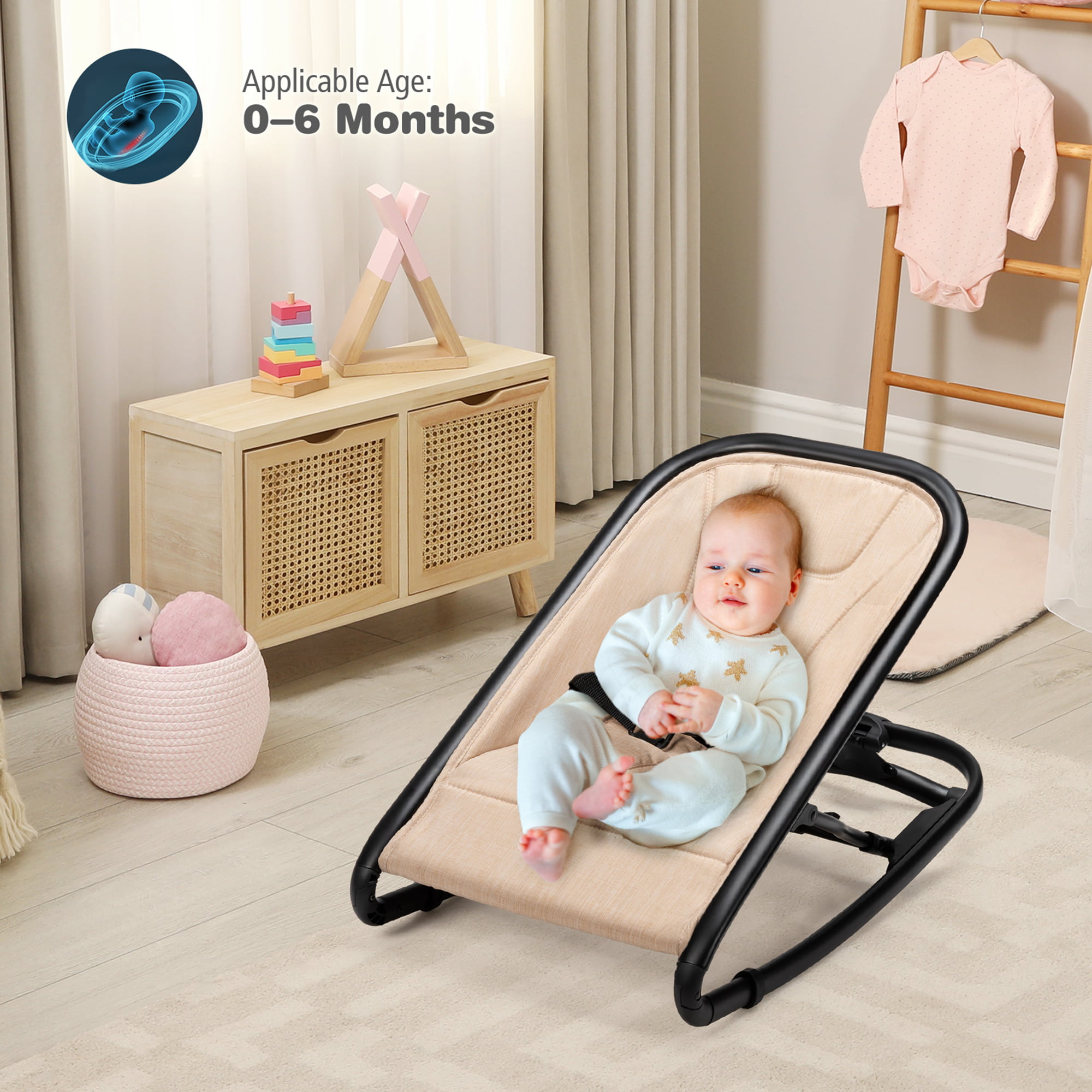 BABY JOY 2 in 1 Baby Rocker Portable Baby Bouncer Seat w/ 2 Adjustable Recline Positions Beige Folding Infant Bouncer Seat w/ 2 Modes of Use for Newborn Babies 33 LBS Weight Capacity 