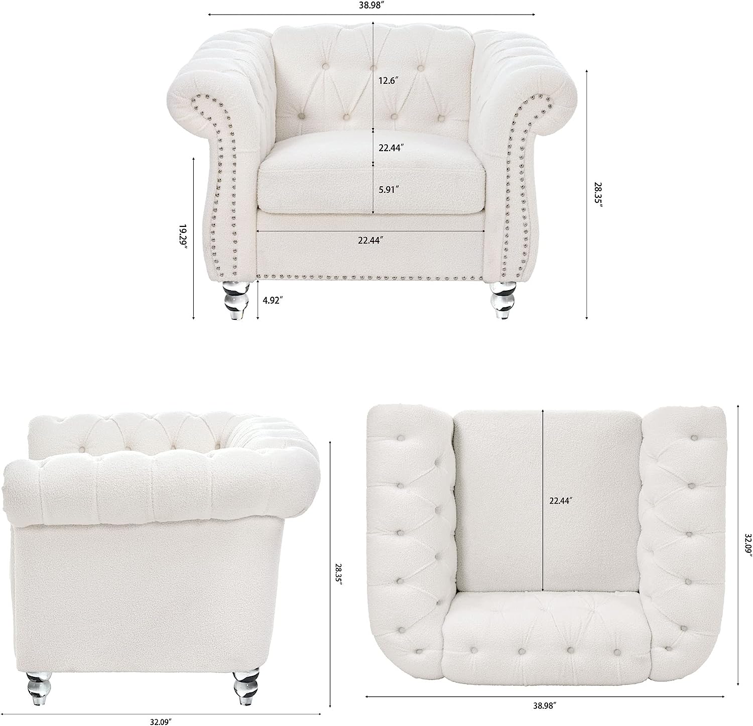 Miniyam 39" Chesterfield Fabric Single Sofa,Upholstered Sofa with Tufted Back,Roll Arm Classic Chesterfield Settee Couches for Living Room,Office