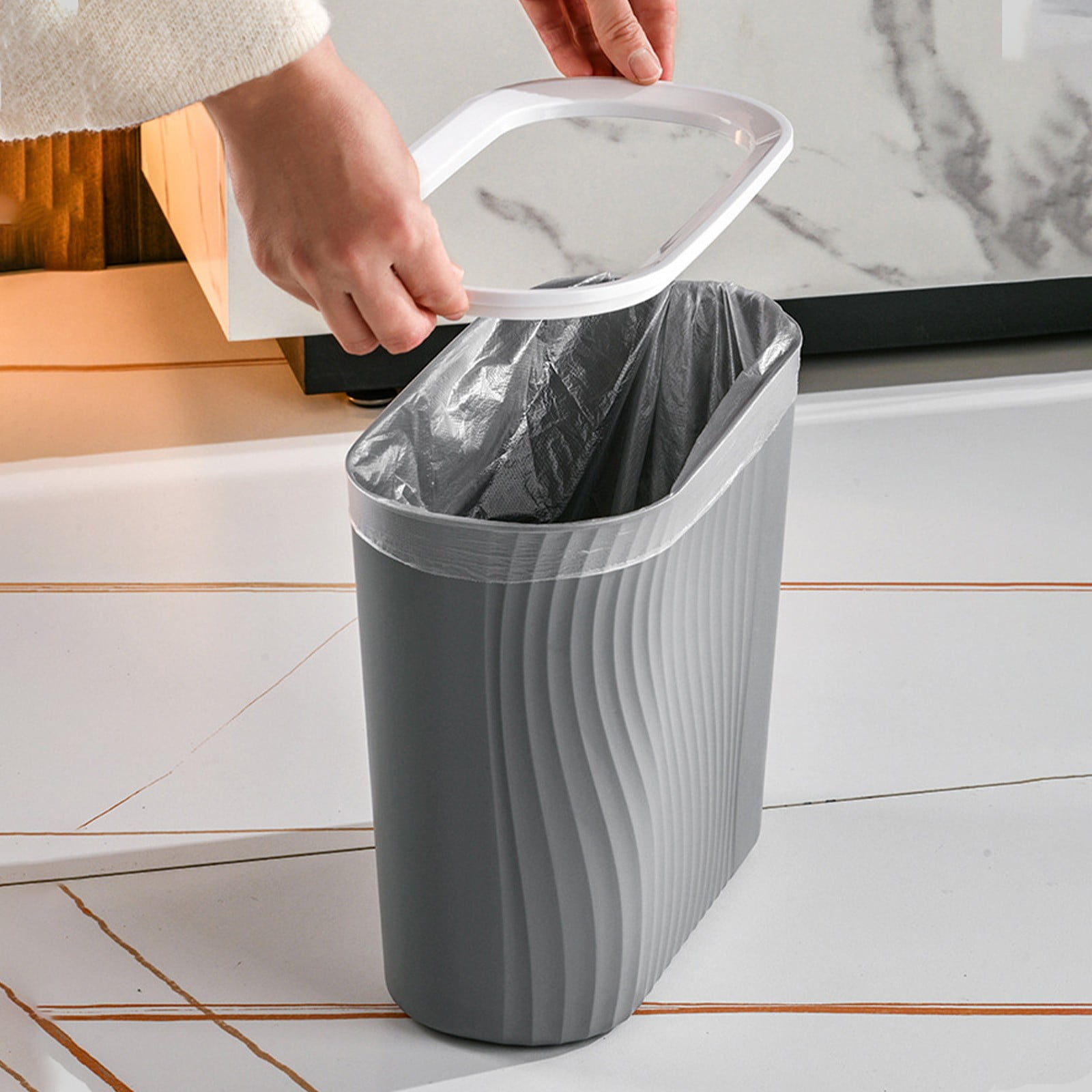 Cagogo Wastebasket, Plastic Trash Can, Striped Seamless Design for Home Kitchen Bathroom, Blue Gray White Small Garbage Bin for Office Garage Dorm