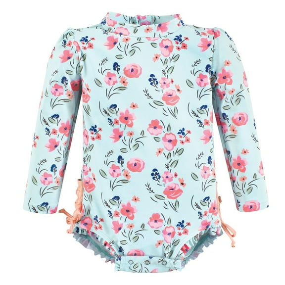 Hudson Baby Girls Rashguard Baby Swimsuit, Mint Floral, 3-6 Months