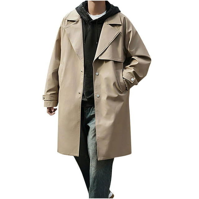 Lovzfmll Men's Trench Coat Mid-Length Button Front Notched Lapel Pockets Khaki, S