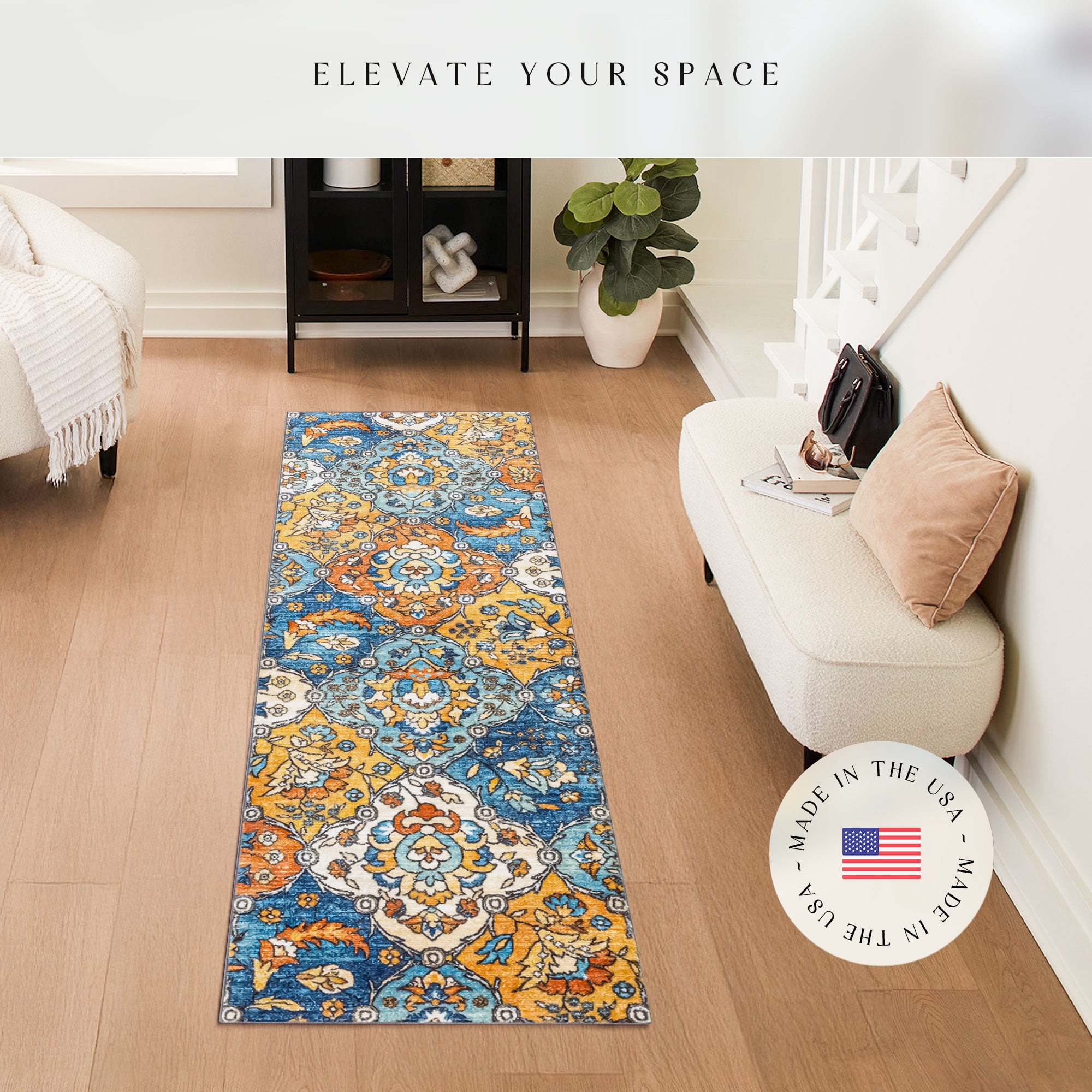 Maples Rugs Sutton Traditional Paisley Blue Orange Washable Hallway Runner Rug, 2' x 6'