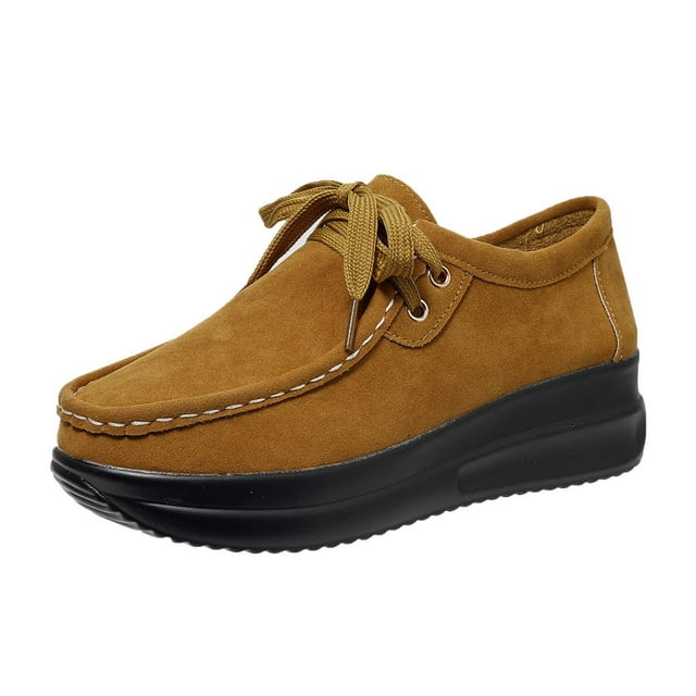 Running Shoes Women Round Toe Lace-Up Slip-On Thick Sole Wedge Heel Loafers Solid