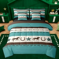Homewish Western Cowboy Tribal 7-Piece Twin Bedding Sets,Vtexas Stars Horseshoe Bedding Comforter Set,Cyan Beige Brown Sheet Sets For Men Women,Super Cozy Room Decor Reversible