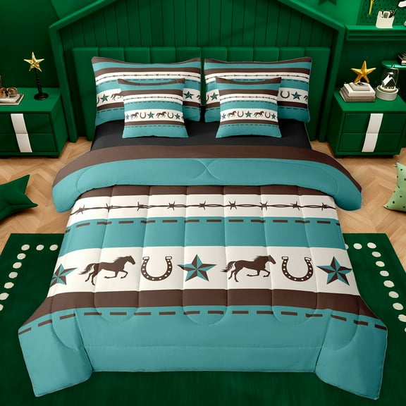 Homewish Western Cowboy Tribal 7-Piece Twin Bedding Sets,Vtexas Stars Horseshoe Bedding Comforter Set,Cyan Beige Brown Sheet Sets For Men Women,Super Cozy Room Decor Reversible