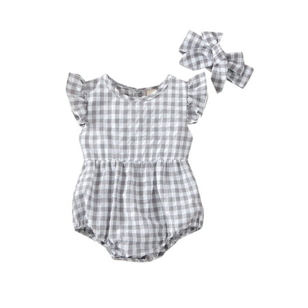 

Frobukio 2Pcs Infant Baby Girls Romper Plaid Print Round Neck Flying Sleeve Bottom Snap Jumpsuit + Bow Headband Grey 18-24 Months