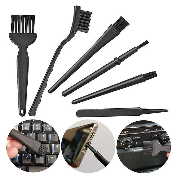Kit de cepillos para teclado 6 en 1, cepillo de limpieza de polvo electrónico, mango portátil pequeño de plástico negro, nailon antiestático