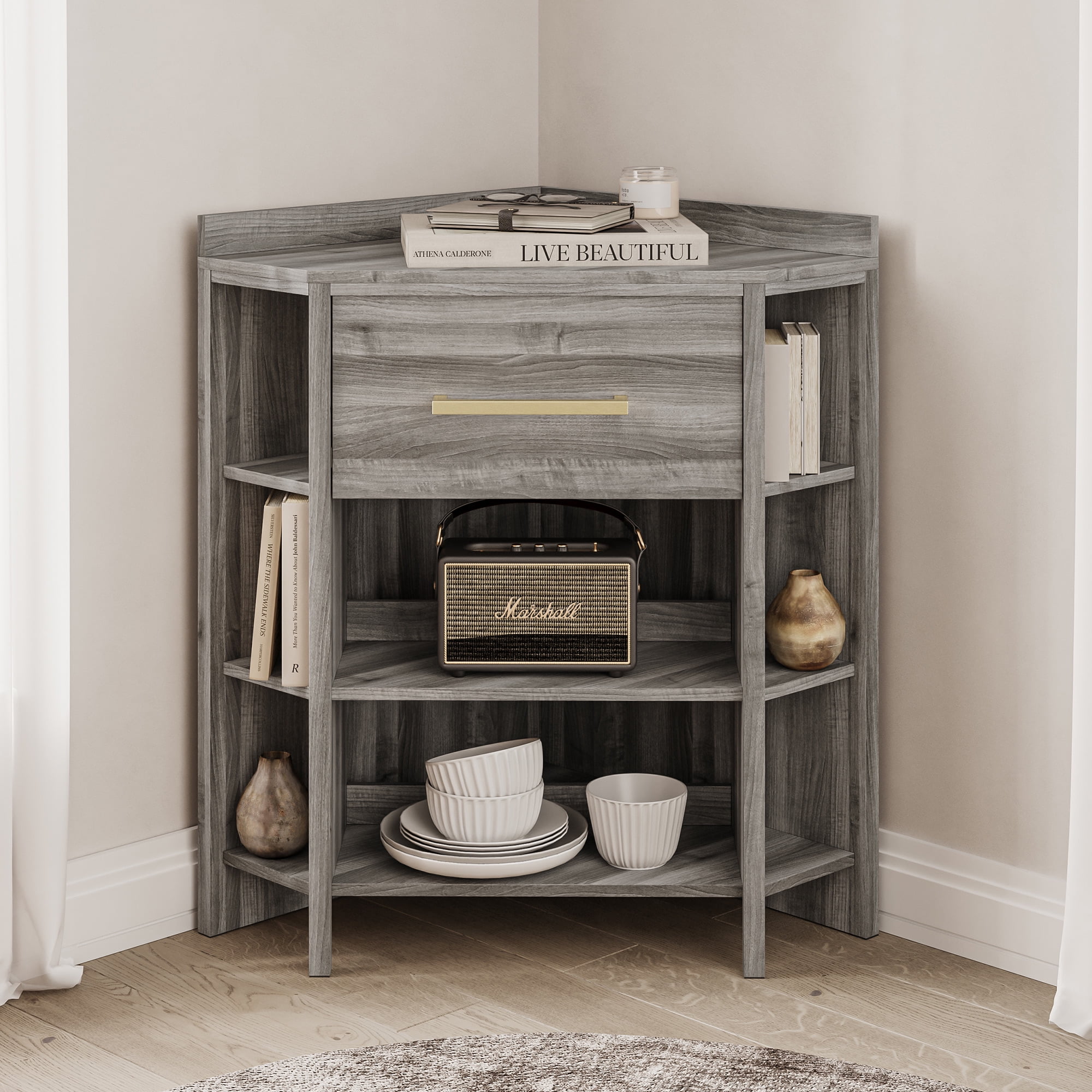 BELLEZE Corner Cabinet for Living Room Bedroom Table with Power Strip 2 Drawers 10 Shelves Sonoma Gray Walmart
