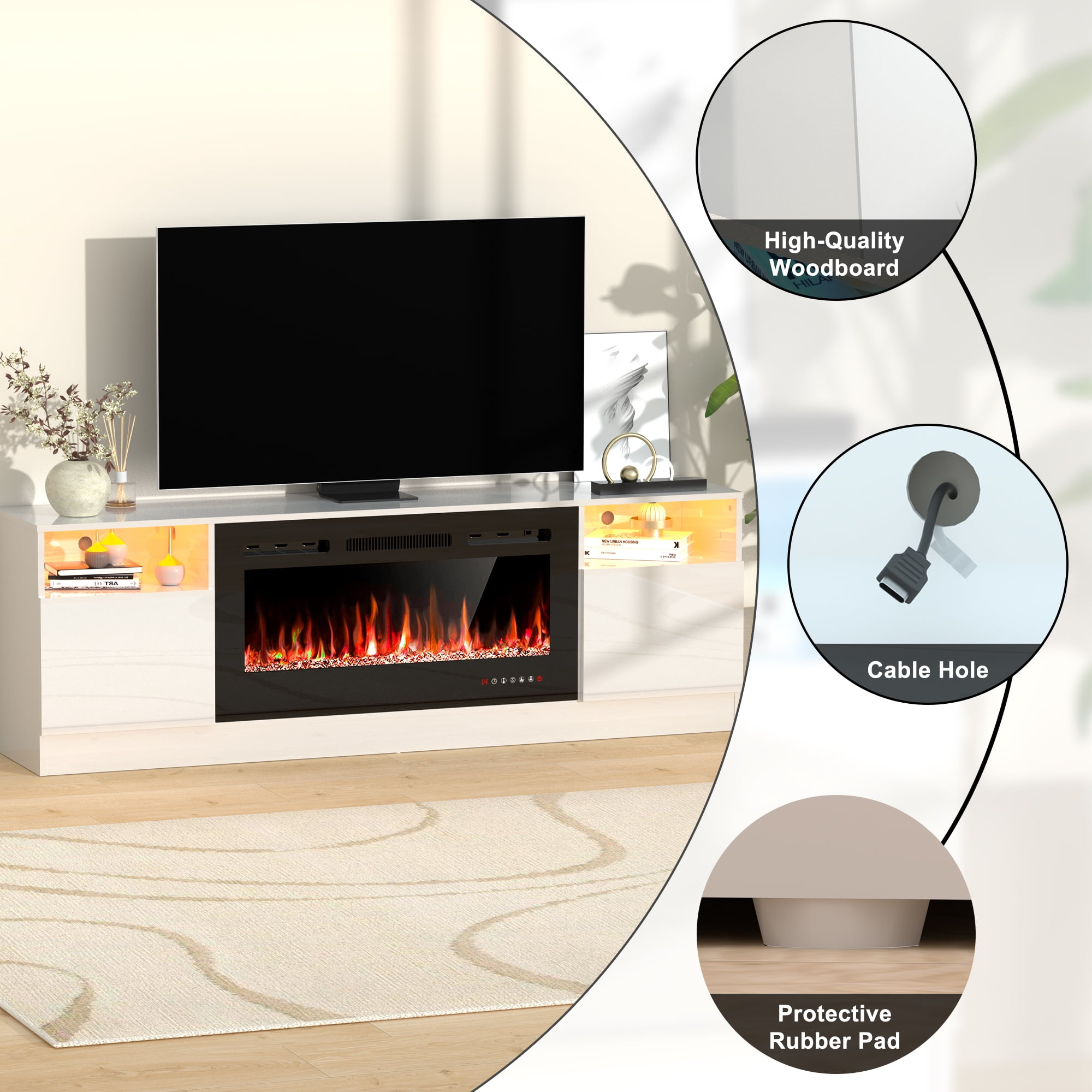 HARIPUL 70" Fireplace TV Stand for TVs Up to 80" with 36" Electric Fireplace, TV Console for The Living Room, LED Light Entertainment Center, Storage Cabinet, Media Console Table, White