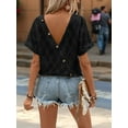 thumbnail image 5 of Women'S Eyelet Embroidery Short Sleeve Shirt Button Back Crew Neck Loose Casual Knit Basic Tops Black XL, 5 of 6