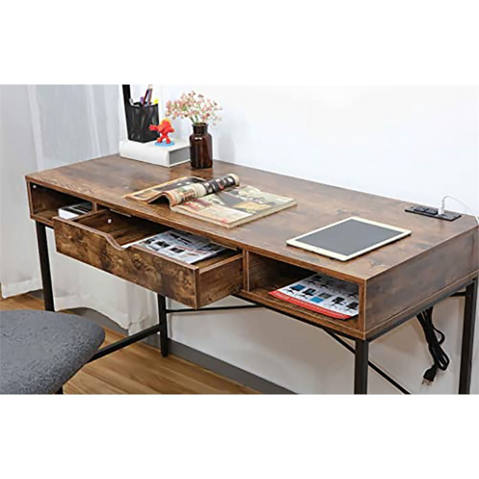 JJS 48' Writing Desk with Power Outlet, Home Office Contemporary Large Computer Desk Laptop Workstation with Drawer USB Ports Charging Station, Rustic Brown