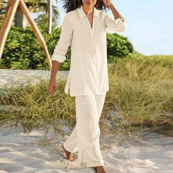 Frostluinai Ensemble de Détente en Coton et Lin pour Femmes Col Johnny Manches Longues Chemises Pantalons Palazzo Amples Grande Taille Fente Légère Ensemble 2 Pcs