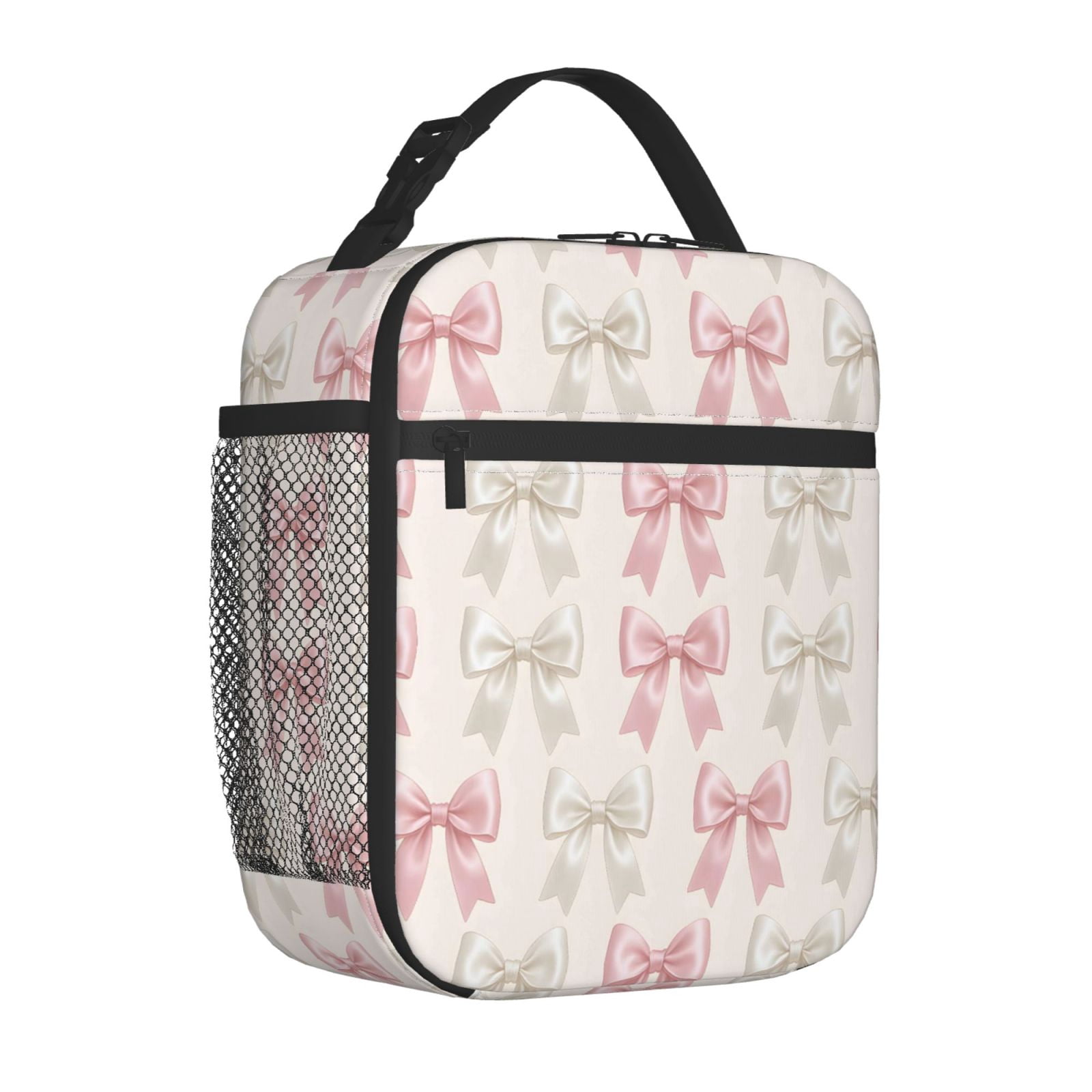 Lunch Bag For Women Men Insulated Portable Lunch Box Bento Box Office Picnic Travel Cooler Bag Elegant Pastel Satin Ribbon Bow Pattern