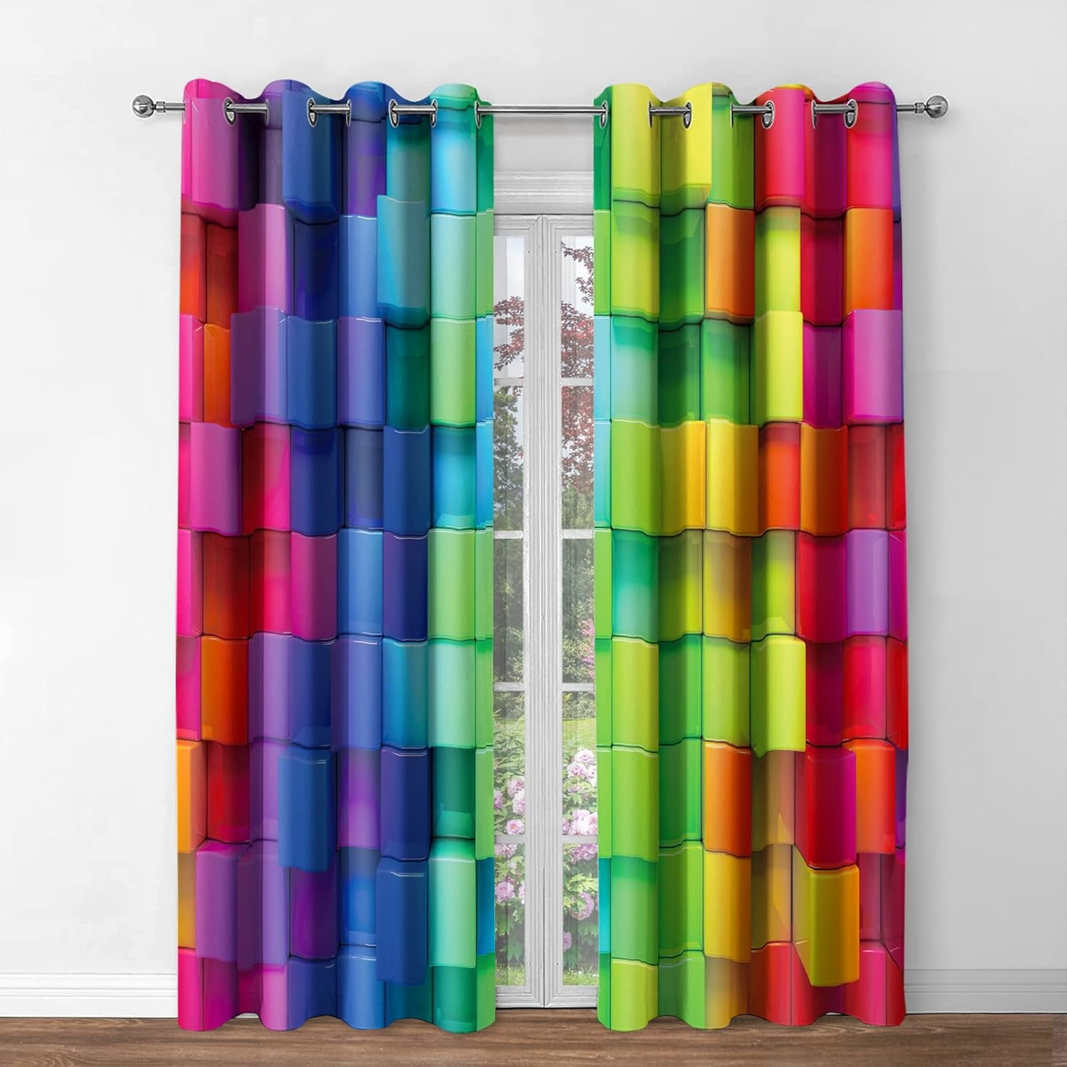 Colorful Rainbow Blackout Curtains Colored 3D Looking Brick Block Contour Display Geometric Artisan Decor Home Bedroom Living Room Grommet Window Drapes 2 Panel Set, 52"x84"
