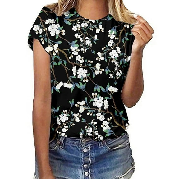 Floral Print Round Neck Short Sleeve T Shirt For Women Spring Summer Casual Top
