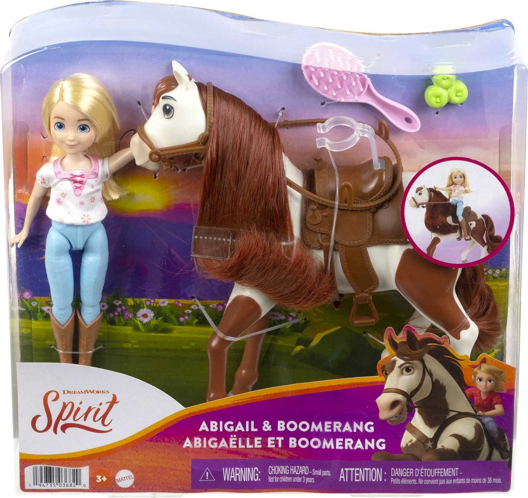 Spirit Abigail Doll (7 in) with Fashion Top, 1 Brush, Apple Treat, & Boomerang Horse (8 in), Soft Mane & Tail, 3 & Up
