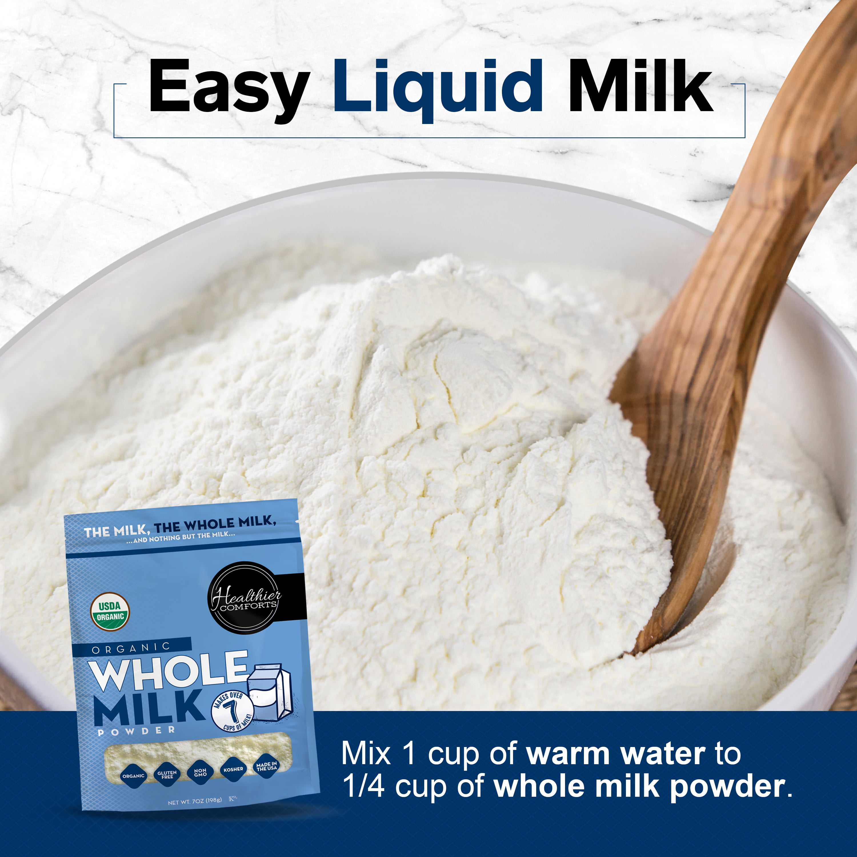 Healthier Comforts Organic Whole Milk Powder 7oz | Certified USDA Organic | Kosher, Gluten Free, Non-GMO Dry Powder Whole Milk | Dried Milk w/Resealable Packaging, Shelf Stable