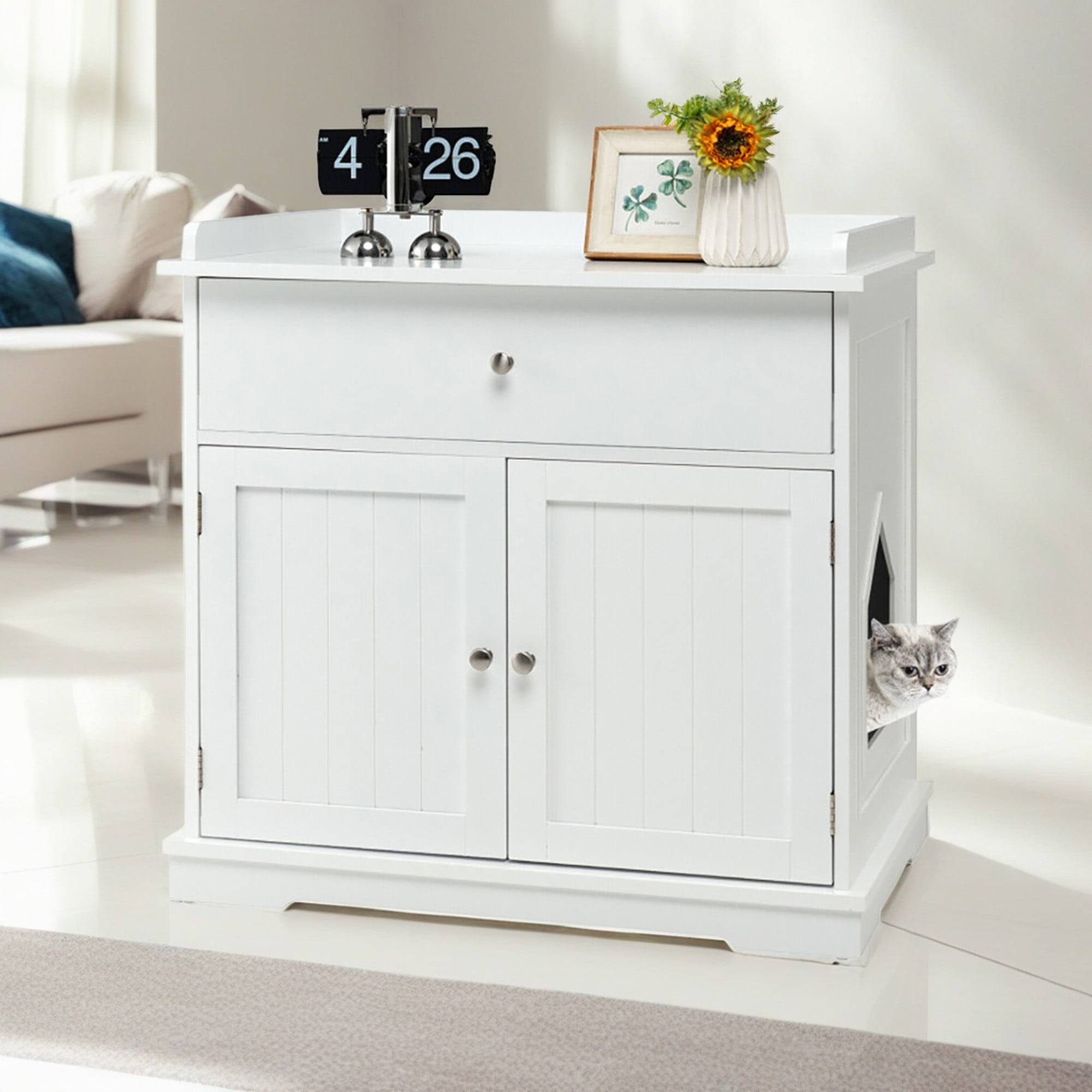 Kadyn 30" Cat Litter Box Furniture with Drawer, Cat Washroom Hidden Litter Box Enclosure, Indoor Wood Cat House Cabinet, White