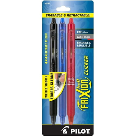 Pilot FriXion Clicker Retractable Erasable Gel Pens, Fine Point, Black/Blue/Red Inks, 3-Pack