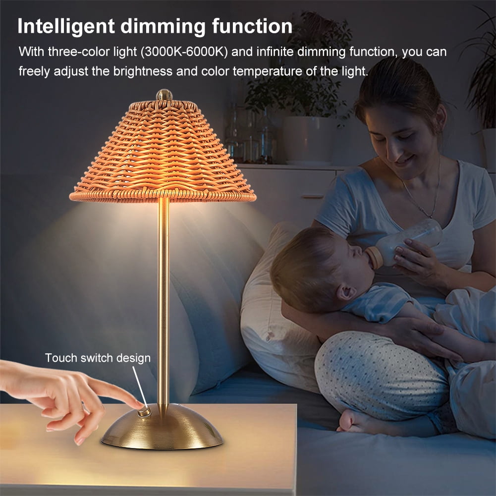 HUISZJ Cordless Table Lamp, Rechargeable Touch Control Rattan Table Lamp, Dimmable Retro Nightstand Lamp for Bedroom Home Decor