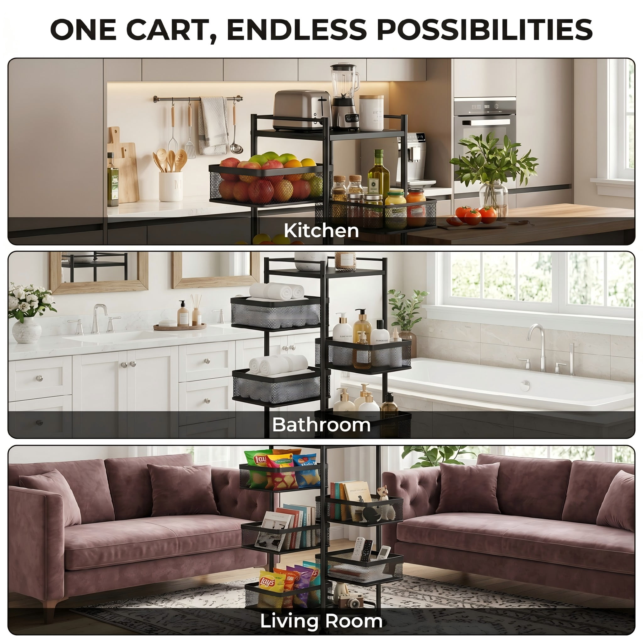5-Tier Rotating Storage Cart, Square Metal Kitchen Utility Cart on Wheels, 360° Swinging Wire Basket Organizer Rack for Fruit, Vegetable, Pantry, Bathroom and Living Room, BLACK