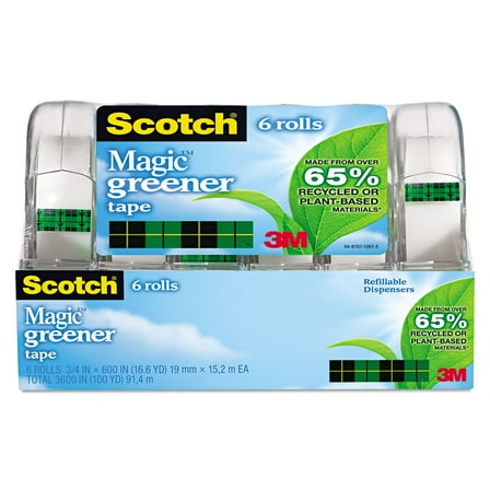 Scotch Magic Greener Tape with Dispenser, 1\" Core, 0.75\" x 50 ft, Clear, 6/Pack
