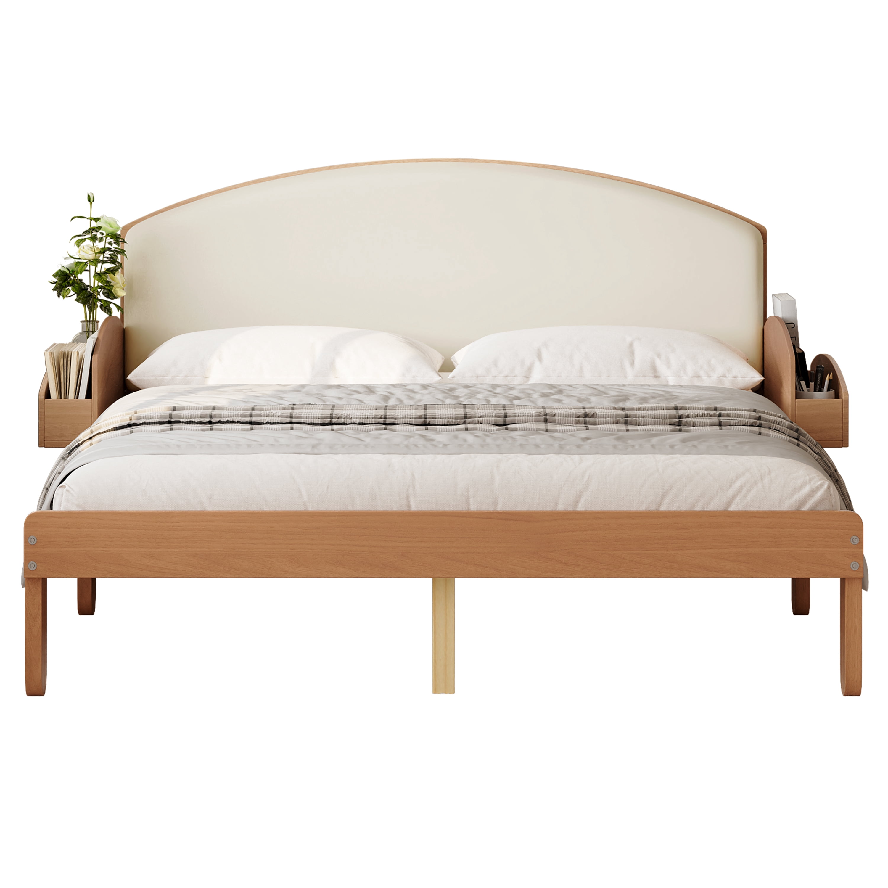 Euroco Full Size Platform Bed with Upholstery Headboard, Wood Bed Frame with Storage Shelves, No Box Spring Needed, Light Walnut