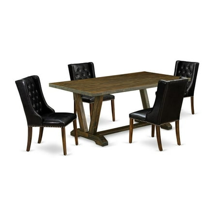 East West Furniture V777FO749-5 5 Piece Dining Table Set – 4 Black Pu Leather Dining Room Chairs Button Tufted with Nail heads and Dining Table – Distressed Jacobean Finish East West Furniture V777FO749-5 5 Piece Dining Table Set – 4 Black Pu Leather Dining Room Chairs Button Tufted with Nail heads and Dining Table – Distressed Jacobean Finish