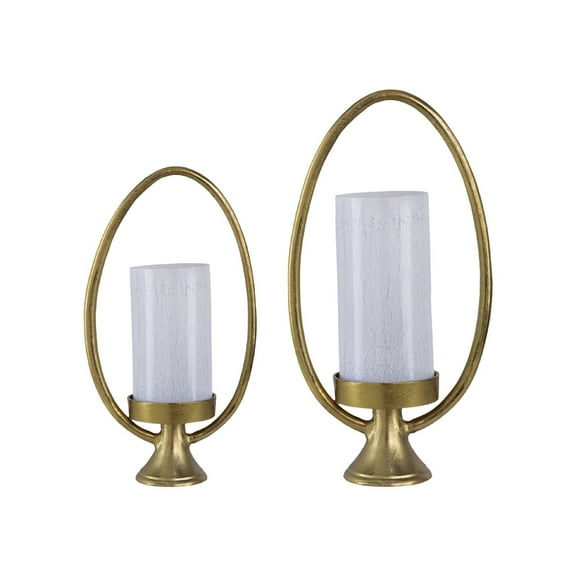 A&B Home Set of 2 Golden Ring Candleholders with Glass Hurricane