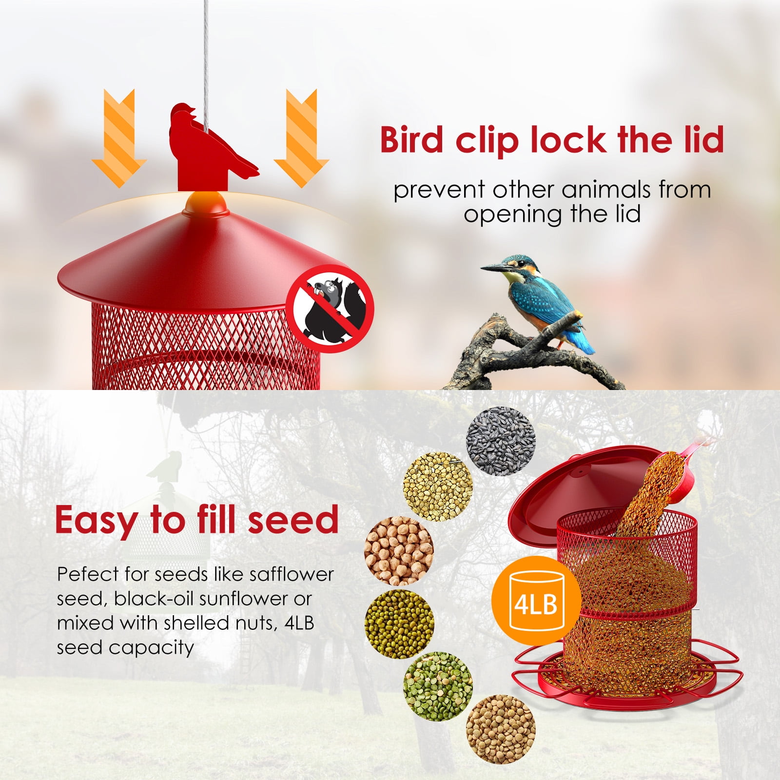 Digipettor Metal Wild Bird Feeder for Outside, Squirrel Proof Bird Feeders, Retractable 4LB Capacity Large Seed Birdfeeder for Outdoors Hanging Garden Yard, Red