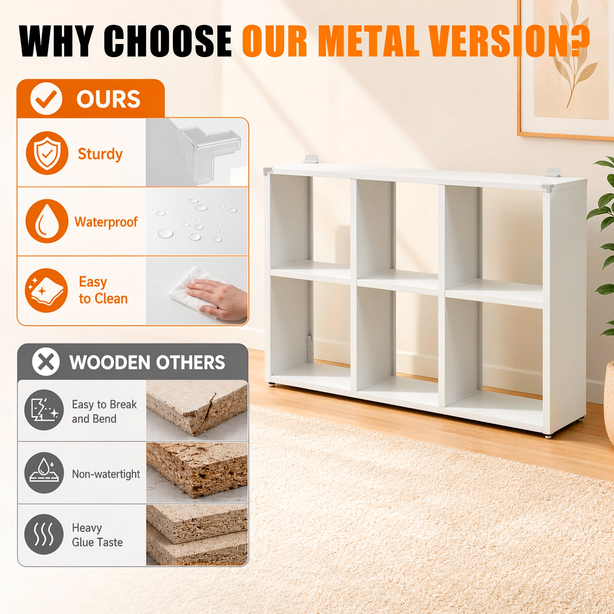 6-Cube Metal Bookshelf, White Open Display Storage Organizer, Tool-Free Assembly Shelf for Living Room Bedroom Home Office