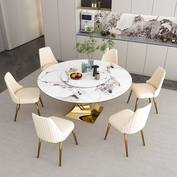 Montary 7 Piece Modern Dining Table Set of 6, Round 59" D Faux Marble Dining Table with Lazy Susan, Sintered Stone Top and Gold Stainless Steel Base Dining Room Table with 6 Dining Chairs