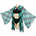 thumbnail image 2 of Miccostumes Woman Two Piece Beach Swimsuit V Neck High Waist Bathing Suit Swimwear Set with Green Sheer Kimono Cover up, S, 2 of 4