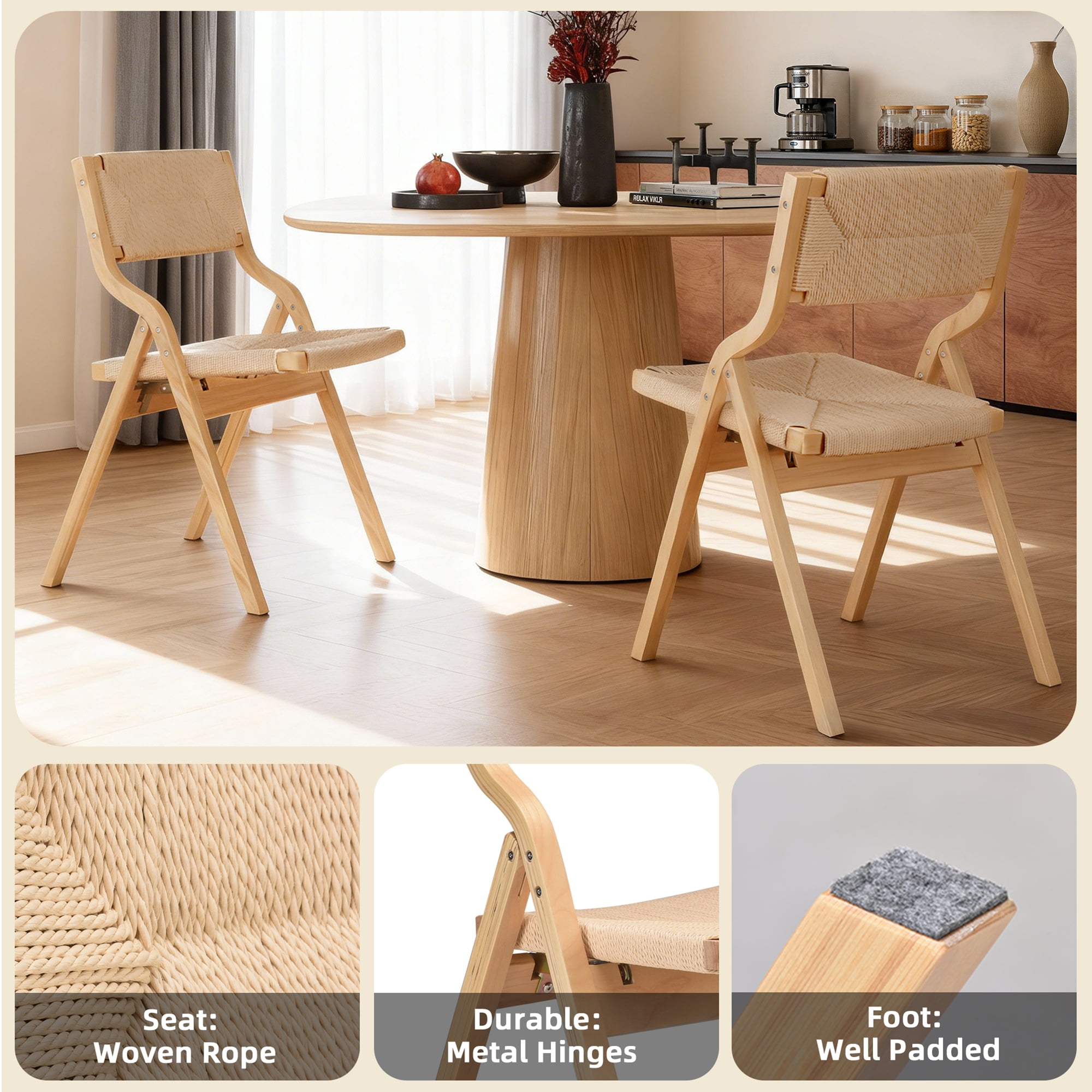 MAYEERTY 2-Set Wood Foldable & Stackable Dining Chairs for Dining Room, Woven Seat & Back, Natural