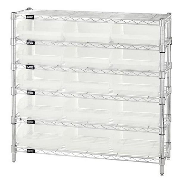 6 Shelf Wire Shelving Unit With 15 Clear Plastic Storage Bins, 12 x 36
