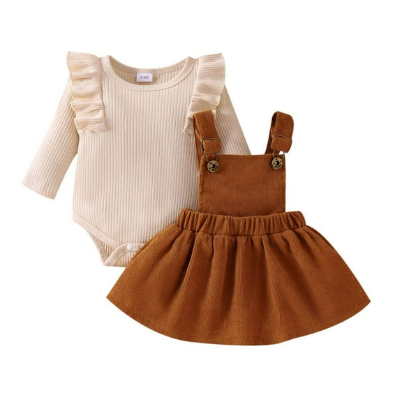 GYRATEDREAM Newborn Baby Girl Outfits Infant Ruffle Long Sleeve Ribbed Romper Corduroy Suspender Skirt Overall Dress Toddler Fall Winter Clothes for 0-18 Months Apricot
