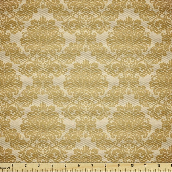 Ambesonne Damask Fabric by the Yard Upholstery, Classical Flower Design, 10 Yards, Mustard Amber