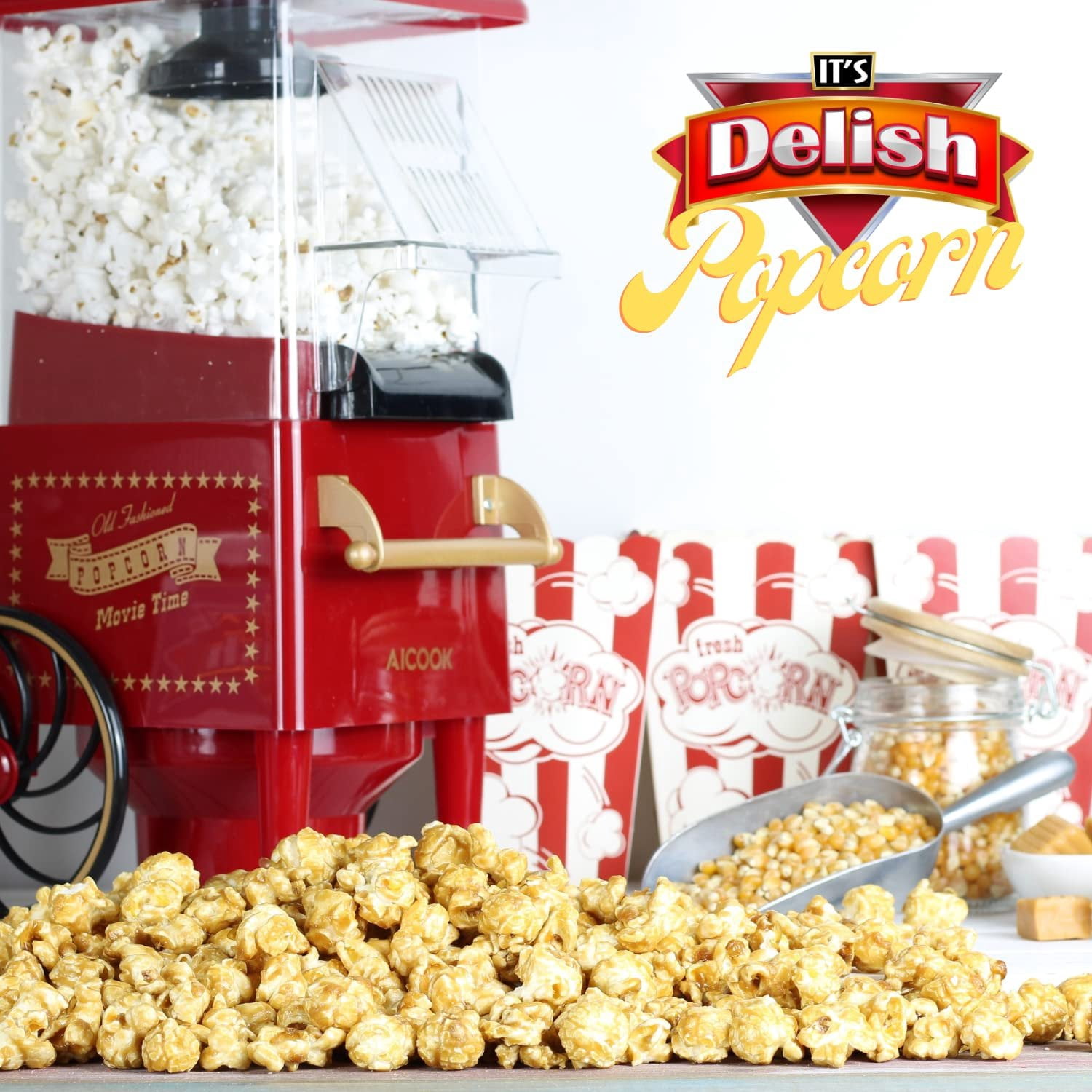 Gourmet Caramel Popcorn by Its Delish, 16 OZ Jumbo Container  Original Caramel Corn Air Popped Sweet and Crunchy Glazed Carmel Corn Snack, Movie Night, Parties, Events - Gluten Free, Vegan, Kosher