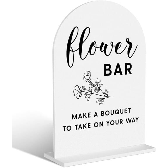 Acrylic Wedding Signs, Flower Bar Signs for Marriage Reception, Flower Bar Desk Decor, Modern Arched Round Top Acrylic Table Top Sign with Holder for Wedding Reception Party (White)