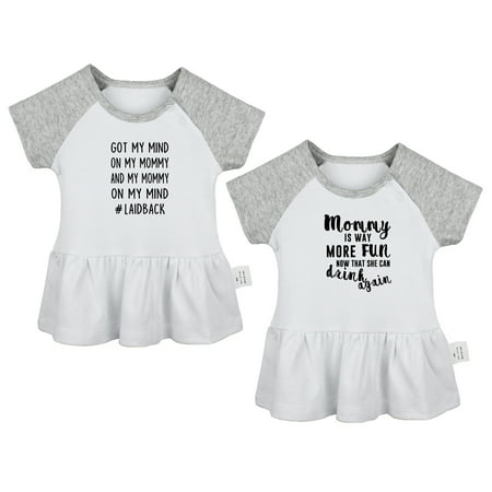 

Pack of 2 Mommy Is Way More Fun Now That She Can Drink Again & Got My Mind On My Mommy Funny Dresses Newborn Baby Skirts Infant Princess Dress Toddler Frocks (Gray Raglan Dresses 12-18 Months)