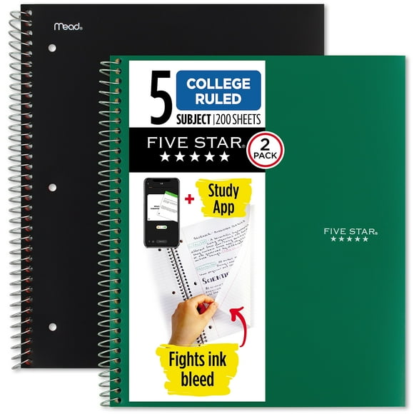 Libretas espirales con forma de cinco estrellas, 5 asignaturas, con reglas universitarias, paquete de 2