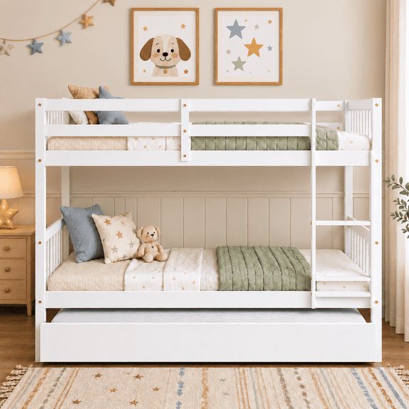 SESSLIFE Twin Over Twin Bunk Bed with Trundle, Convertible Wood Bunk Bed Frame with Ladder & Safety Guardrail, Separates into 2 Twin Beds, Space-Saving for Kids Bedroom, Guest Room, White
