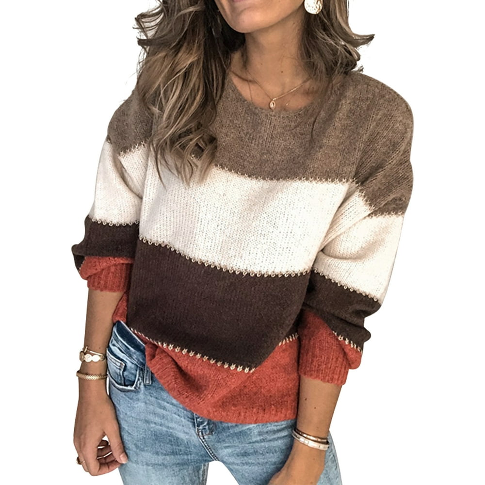 NEWTECHNOLOGYY - Women Casual Knitted Color Block Sweater Ladies Jumper ...